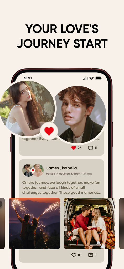 Chat & Flirt: LoveNote - A mobile app screen showing a couples shared digital journal with photos and sentimental memories.