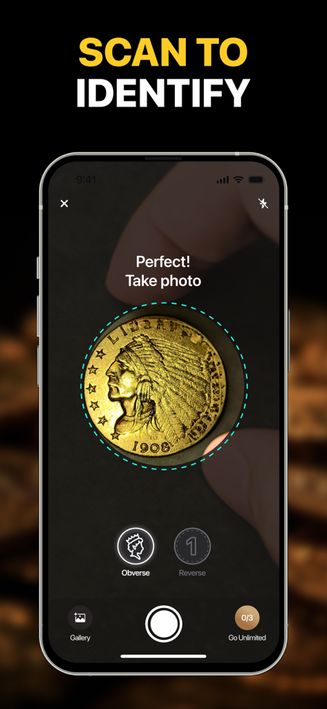 AI Coin identifier - Smartphone screen showing the AI Coin Identifier app scanning a vintage gold coin
