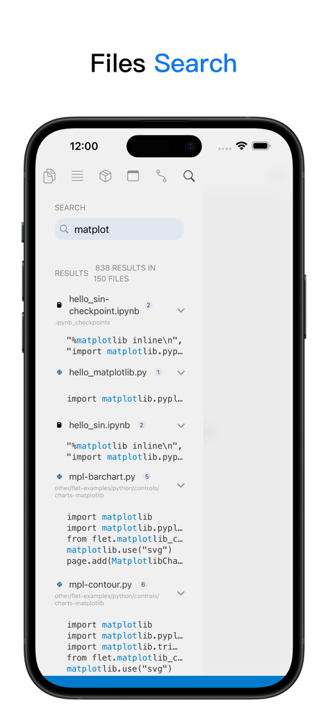 Python3IDE - Search interface of Python3IDE app showing code search results for the matplotlib library on an iPhone