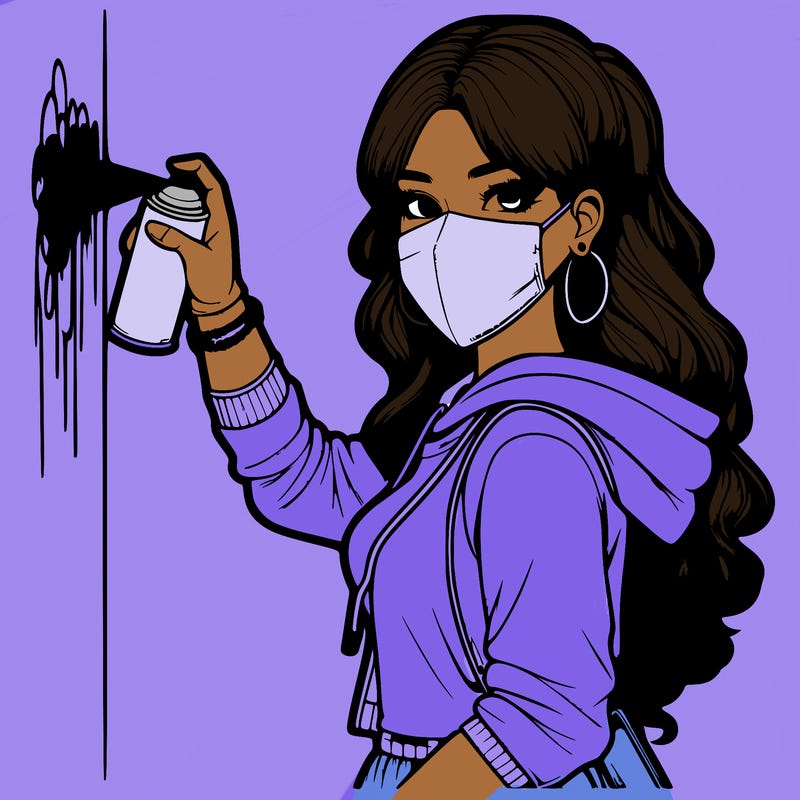 realistic girl with mask spray painting a wall