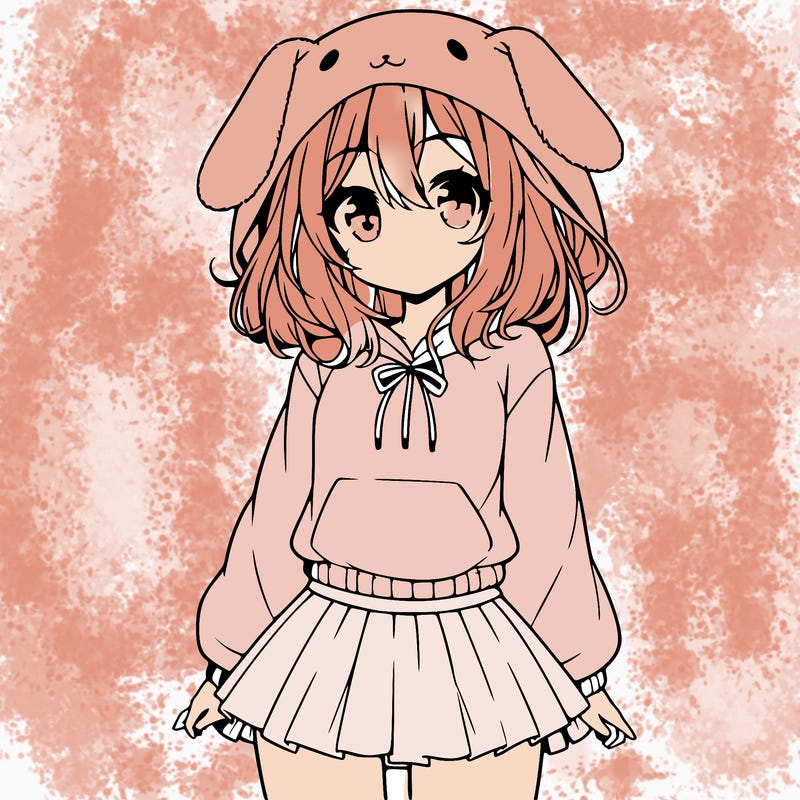 pretty anime girl wearing a fluffy hoodie with bunny ears on the hood and a skirt