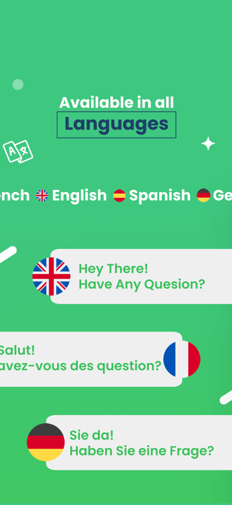 AI Homework Helper & Study App - Doubt Go app interface displaying support for multiple languages including English, Spanish, French, and German for international students.