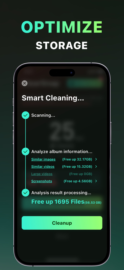 Captura de pantalla de la aplicación ClearSnap mostrando un proceso de limpieza inteligente para liberar espacio de almacenamiento en un iPhone
