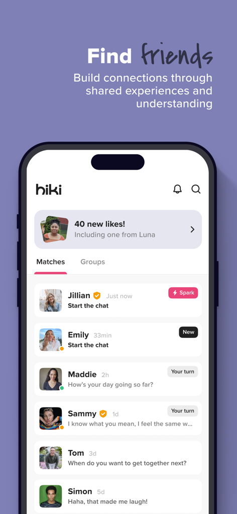 Hiki: Autism ADHD & ND Dating - Hiki app interface showing user matches and chat conversations
