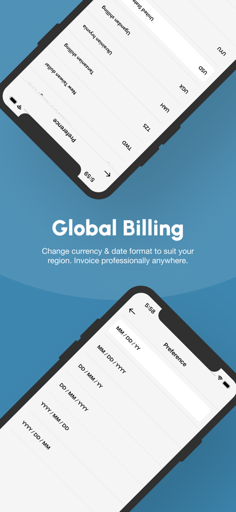 国際請求のためのカスタマイズ可能な通貨と日付形式設定を表示するInvoiCraftアプリインターフェース