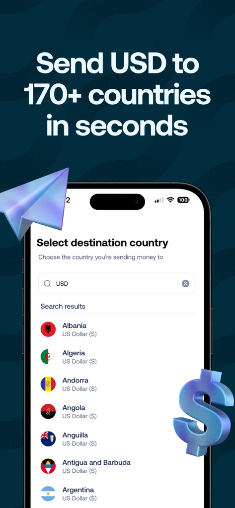 Mobile screen of the Grey app showing international money transfer options for sending USD to over 170 countries