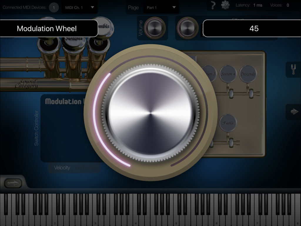 A large virtual modulation wheel dial on the Heavy Brass app interface used for adjusting instrument sounds and articulations.