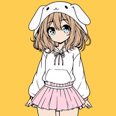 pretty anime girl wearing a fluffy hoodie with bunny ears on the hood and a skirt