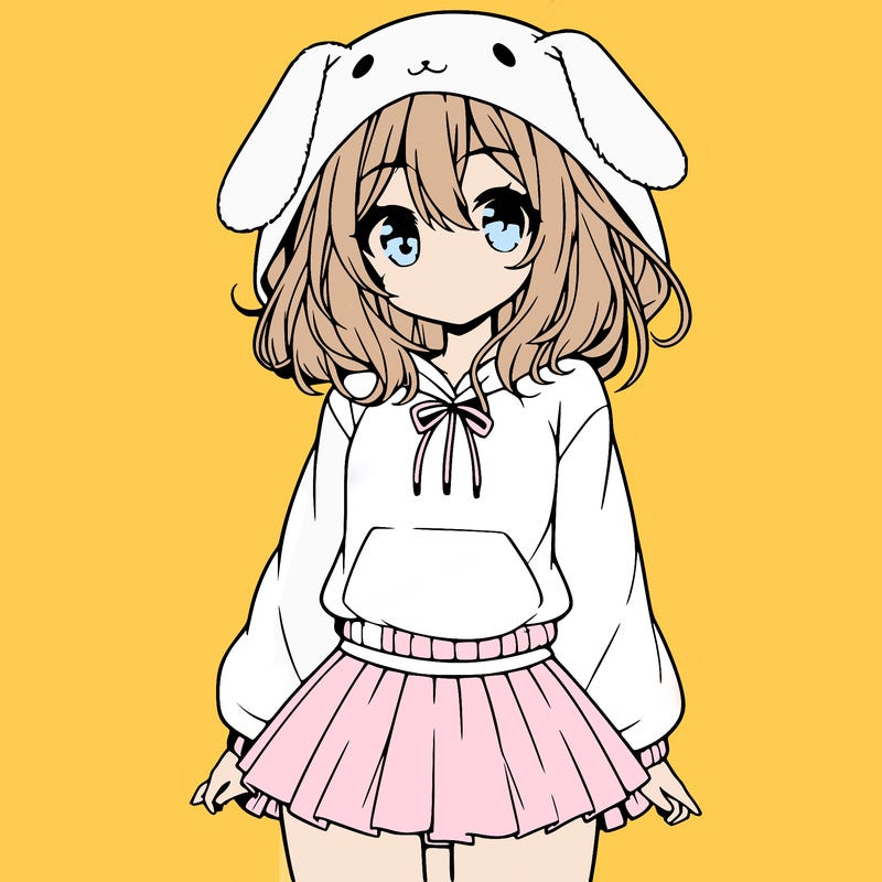 pretty anime girl wearing a fluffy hoodie with bunny ears on the hood and a skirt