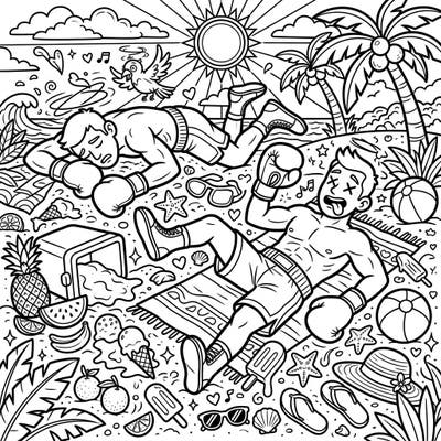 Get ready for a laugh with this unique coloring page featuring two boxers hilariously knocked out on a vibrant summer beach. Surround yourself with tropical fruits, melting ice cream, and sunny vibes as you bring this comical scene to life.