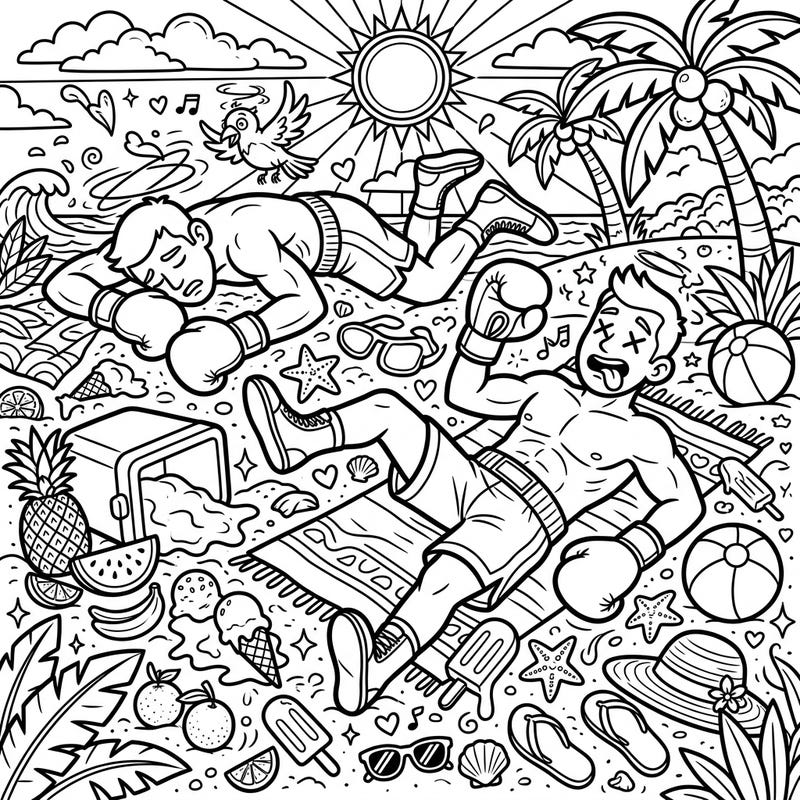 Get ready for a laugh with this unique coloring page featuring two boxers hilariously knocked out on a vibrant summer beach. Surround yourself with tropical fruits, melting ice cream, and sunny vibes as you bring this comical scene to life.