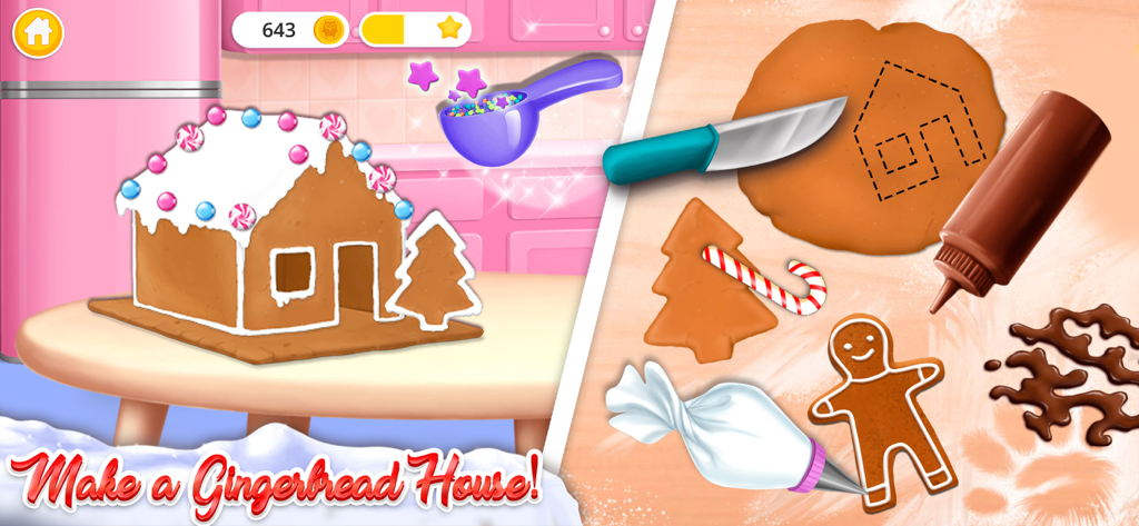 Pony Sisters Christmas - A mini game screen where players can bake and decorate a gingerbread house with cookies and icing