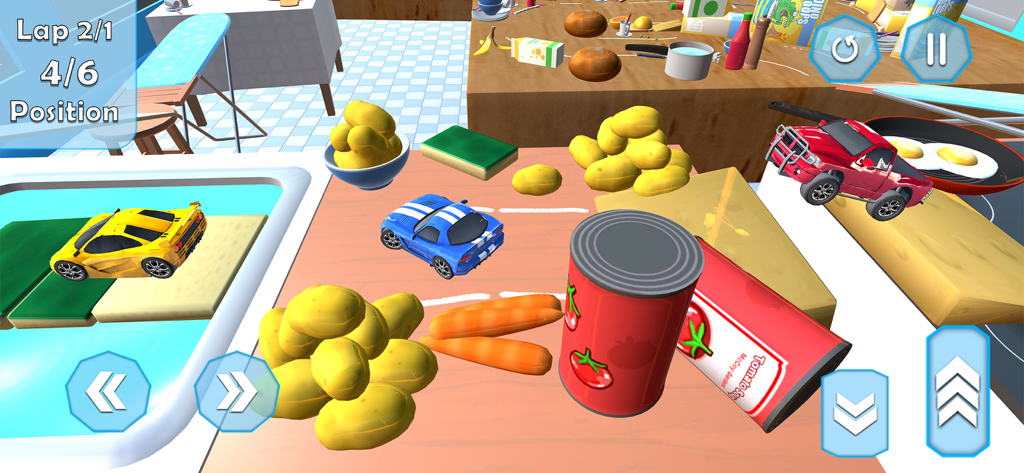 Car Racing: Car Stunt Game - Mini toy cars racing on a kitchen table track with vegetables and food cans