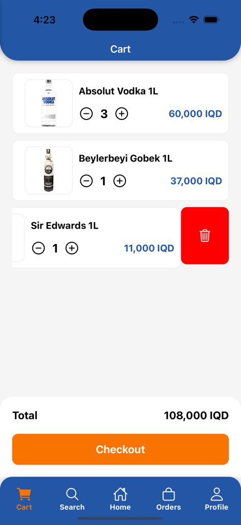 Drinksify - Liquor Delivery - Drinksify liquor delivery app shopping cart with spirits and checkout button