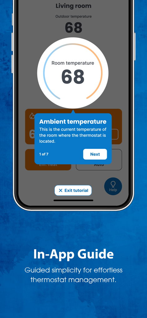 PRO1 Connect - Screenshot of PRO1 Connect app showing an in-app guide for monitoring ambient room temperature on a smart thermostat.