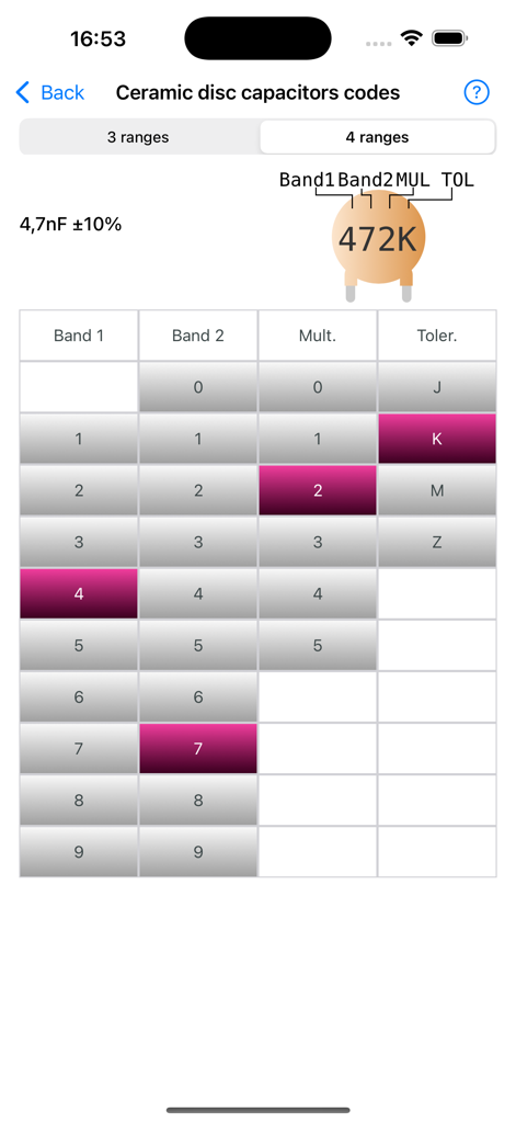 Electronic Component Codes - Interface de calculatrice de code de condensateur à disque céramique montrant les bandes et la sélection de tolérance pour l'identification de la valeur du composant