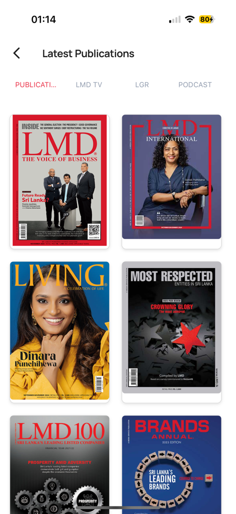 LMDi - The Latest Publications screen in the LMDi app displaying several business and lifestyle magazine covers.