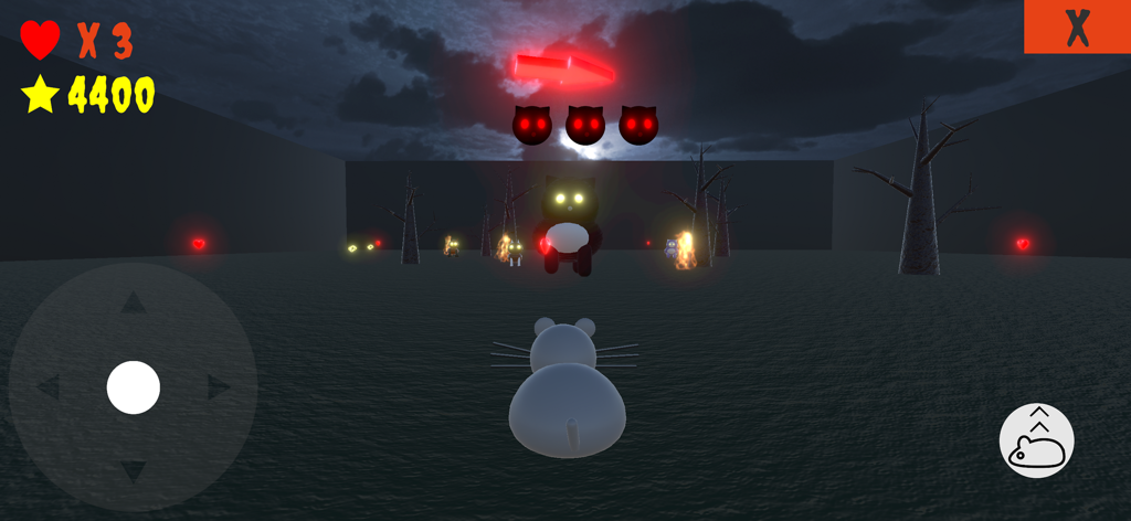 Scary cats - Gameplay screenshot of Scary cats showing a character facing a spooky black cat with glowing eyes in a 3D forest.