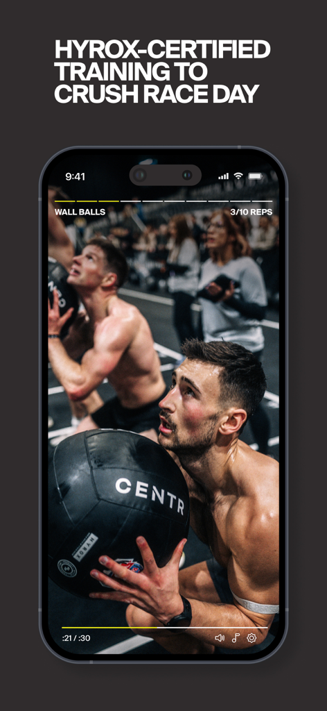 A man performing wall ball exercises during a HYROX certified training session on the Centr app