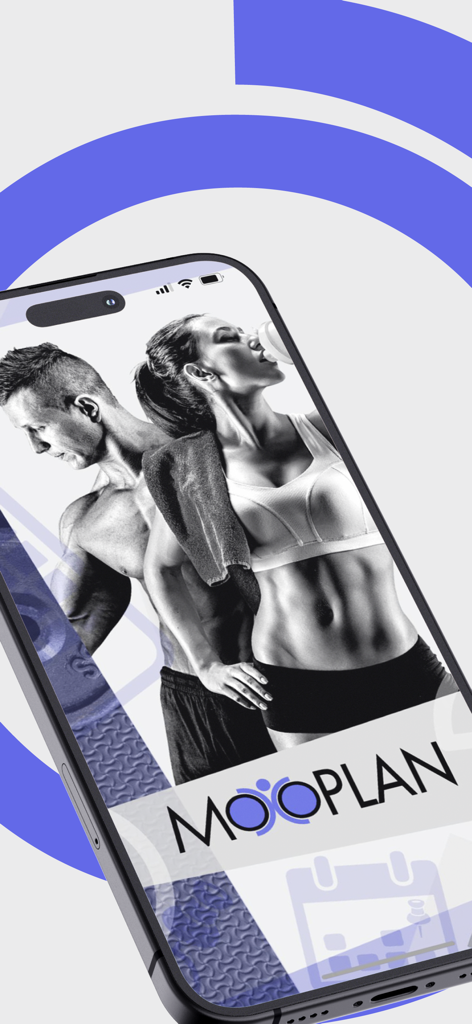 MooPlan - Smartphone screen displaying the MooPlan app splash screen with a fit man and woman