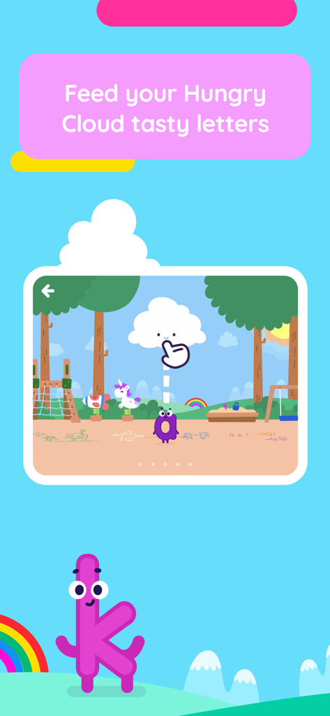 A colorful educational app screen showing a child feeding a letter character to a hungry cloud in a cartoon playground.