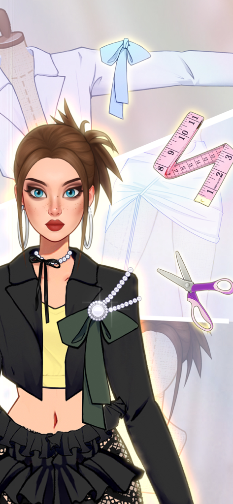 Female character avatar dressed in stylish fashion with tailoring accessories