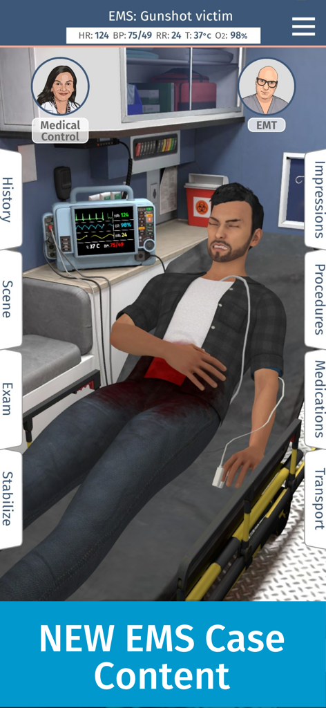 Full Code Medical Simulation - Virtual EMS simulation showing a gunshot victim in an ambulance with vital signs monitoring