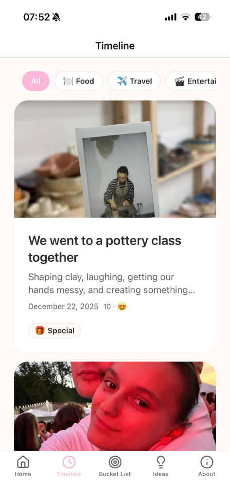 Twyne Moments - Twyne Moments app interface showing a shared couple timeline with a memory of a pottery class