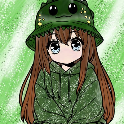 girl with anime shaped eyes with a dinosaur bucket hat oversized sweatshirt long straight hair