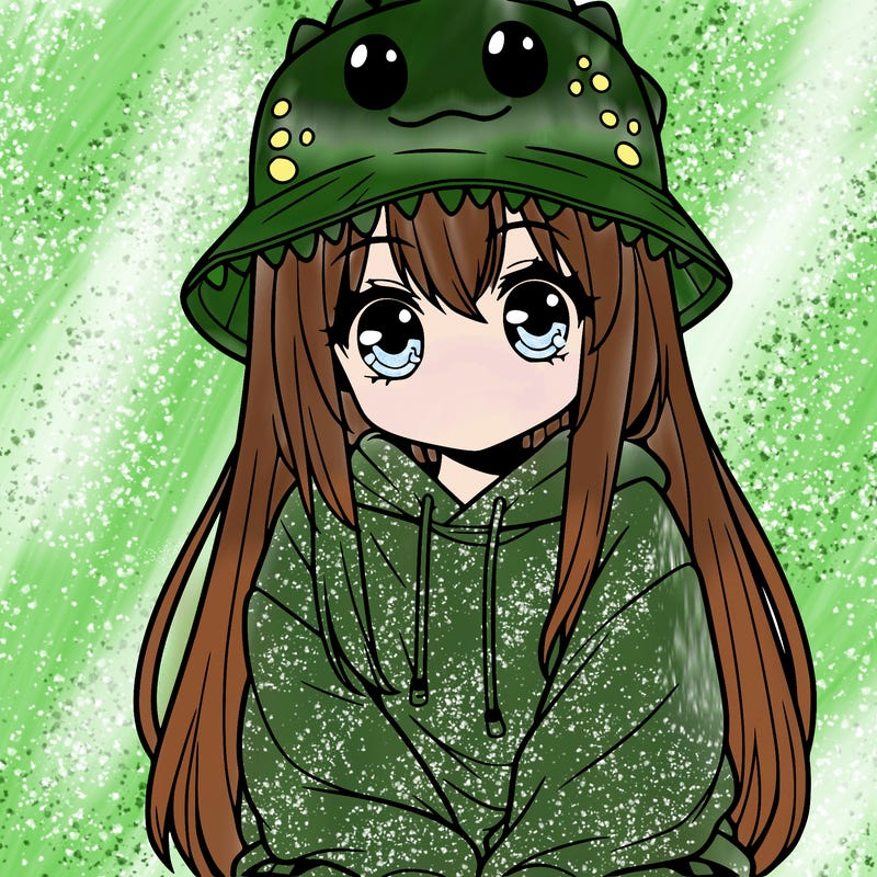 girl with anime shaped eyes with a dinosaur bucket hat oversized sweatshirt long straight hair