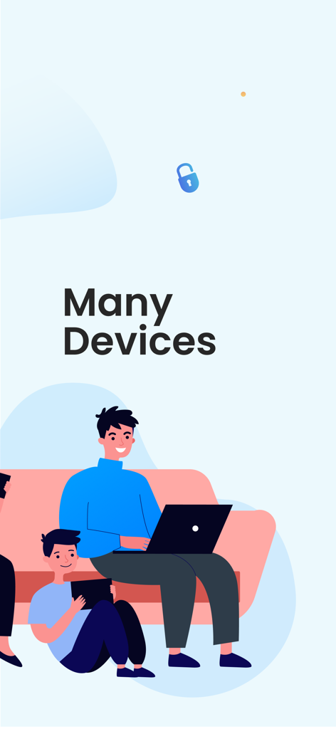 Illustration d'une famille utilisant plusieurs appareils, comme un ordinateur portable et une tablette, via une connexion VPN sécurisée.