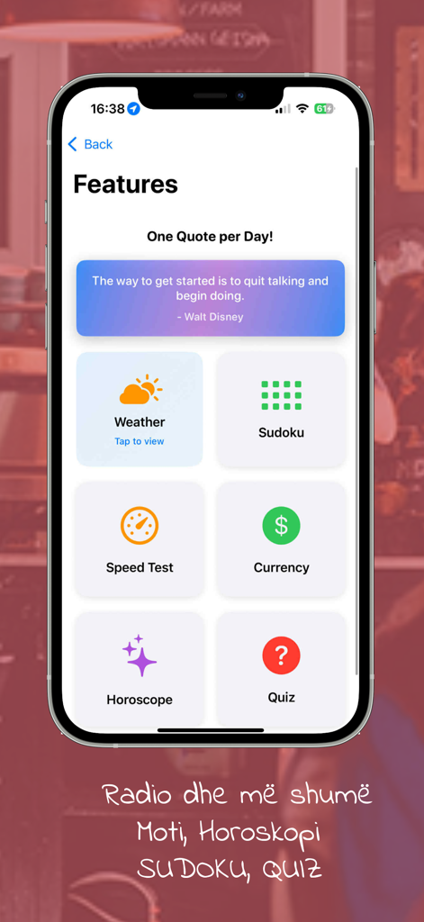 Shqip FM – Muzikë & Lajme - Shqip FM app features screen showing icons for weather sudoku horoscope and daily quotes