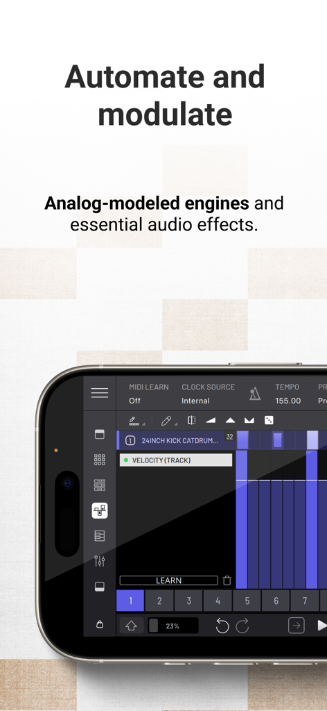 BAM - Beat Maker & Music Maker - Smartphone screen displaying BAM music production app with automation and modulation settings