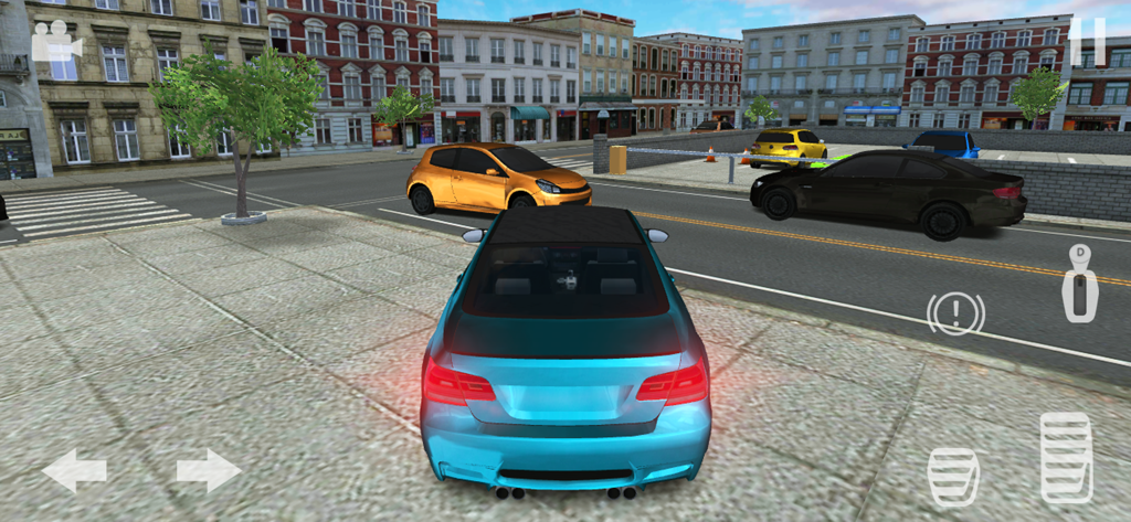 Car Parking Valet - A blue car maneuvers through a 3D urban environment in the Car Parking Valet simulation game