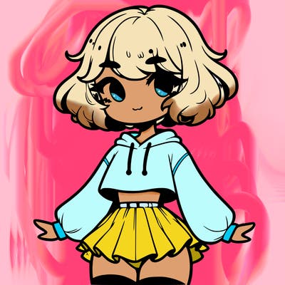 cute femboy with short, fluffy hair that softly frames their face, wearing a cropped hoodie, paired with a flouncy short skirt, and thigh-high stockings