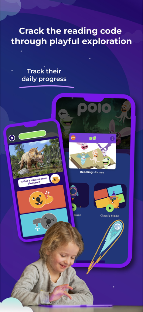 Kahoot Kids app screenshot showing reading games and a child playing on a tablet