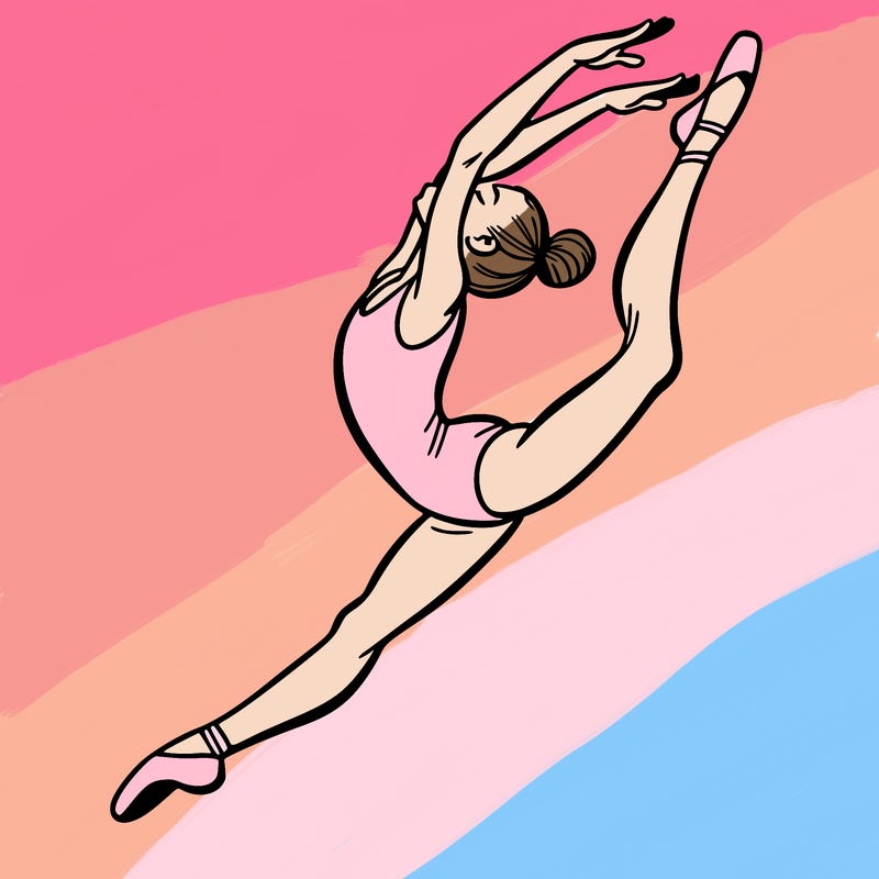 gymnast doing a leap in a leotard with a bent back leg