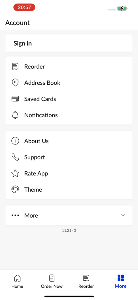 Spice N Ice - Larbart - Pantalla de cuenta y configuración de la aplicación Spice N Ice mostrando opciones para volver a pedir y gestión de perfil