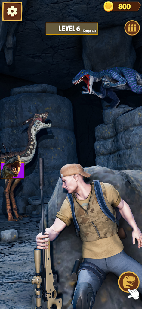 Dinosaur Hunting-Universe Game - A hunter with a sniper rifle facing dinosaurs in a cave on level 6 of a mobile game.