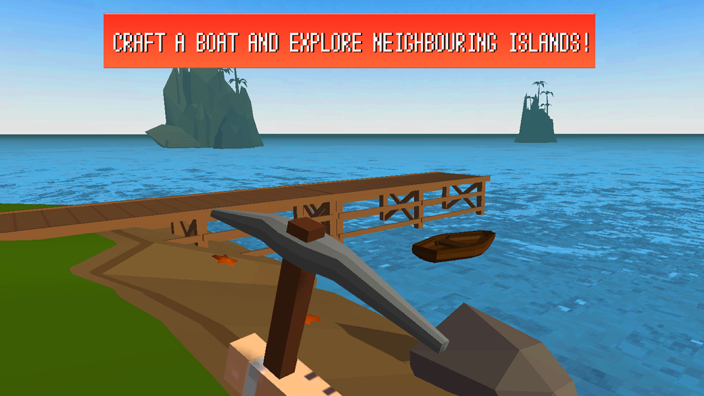 Craft Island Survival Simulator 3D - First person view of a blocky character with a pickaxe standing on a beach near a wooden pier and a small boat