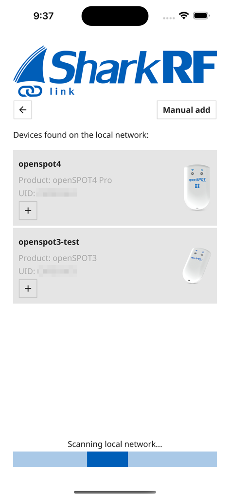 SharkRF Link app interface scanning the local network for openSPOT devices