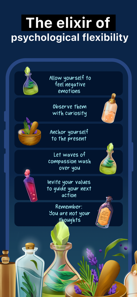 Lumiere: Anxiety & Stress Aid - Infographic showing steps for psychological flexibility represented as magical potion bottles in the Lumiere app