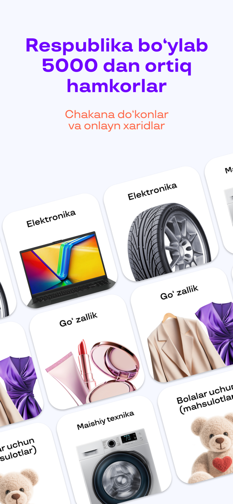 Mobile app screen showing diverse product categories like electronics beauty and fashion from over five thousand partners