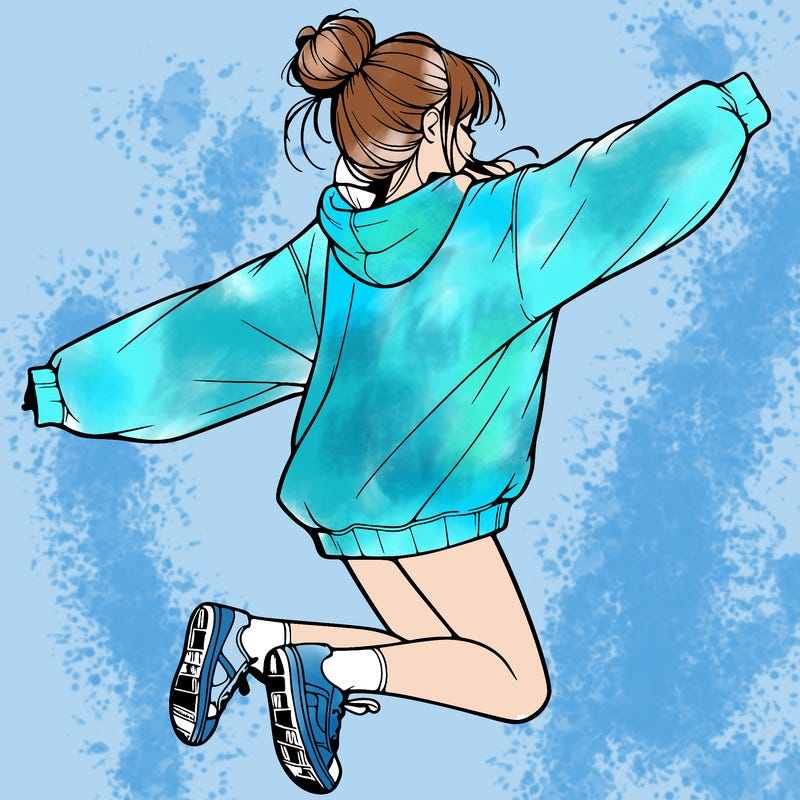 realistic girl jumping with a bun and oversized sweatshirt