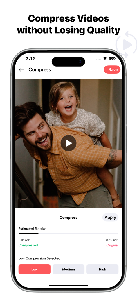 AnyREC app interface showing video compression settings with options for low medium and high quality