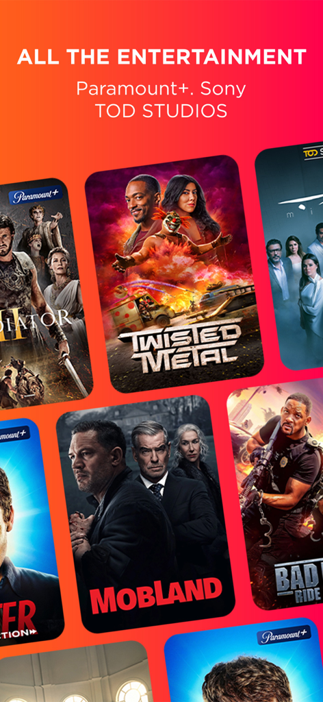 A collection of movie and series posters available for streaming on the TOD app including content from Paramount Plus and Sony