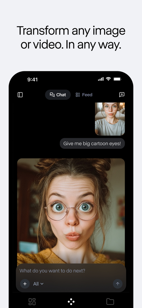 RunwayML - RunwayML app interface showing AI chat mode transforming a photo to have large cartoon eyes.
