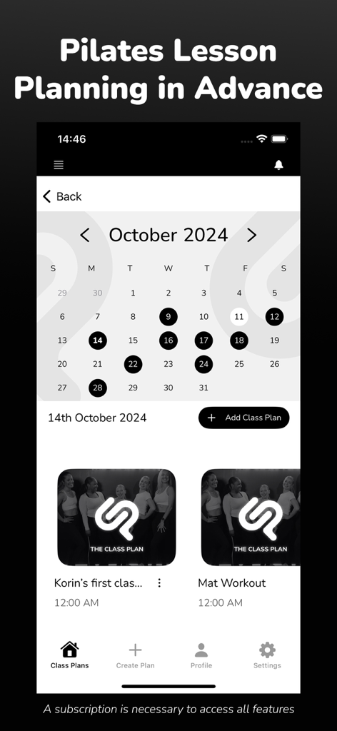 The Class Plan - Monthly calendar view for scheduling Pilates classes in The Class Plan app