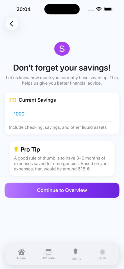 WealthRise - WealthRise app screen for entering current savings amounts and emergency fund advice