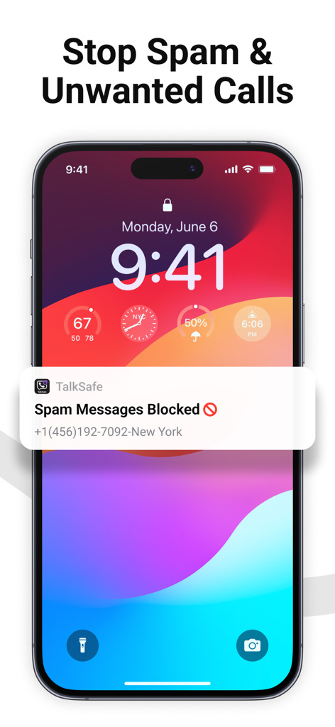 iPhone mostrando notificación de TalkSafe por mensajes de spam bloqueados